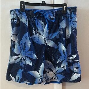 Blue and White Leaf Print Nike Swim Shorts